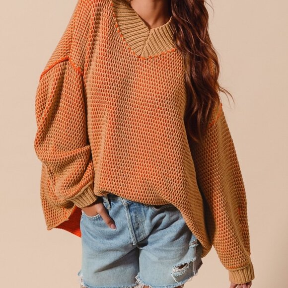 So Me Sweaters - SO ME Oversized Two Tone Textured V Neck Sweater